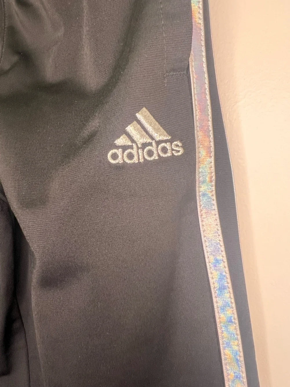 Adidas Girls Black Joggers Holographic Stripe Track Pants Size 7/8